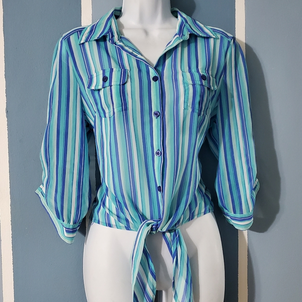 Mine Blue and Green Striped Button-Down Shirt